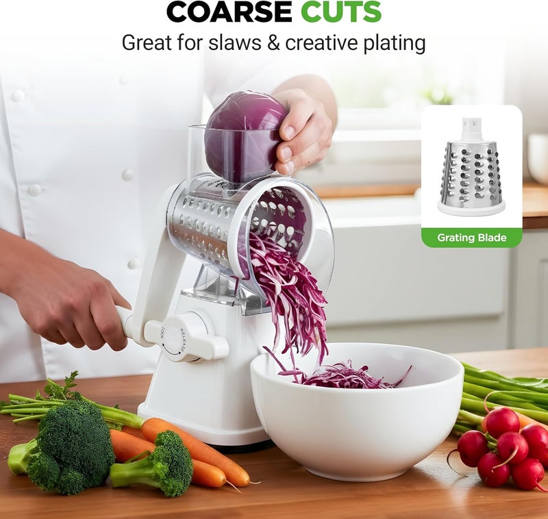 NutriChef 3 in 1 Cheese Grater & Shredder | Strong Suction Base, Rotary Handle with Safety Lock | Includes Hand Crank & 3 Drum Blades for 3 Textures, Fine, Medium & Strips | White - Image 5